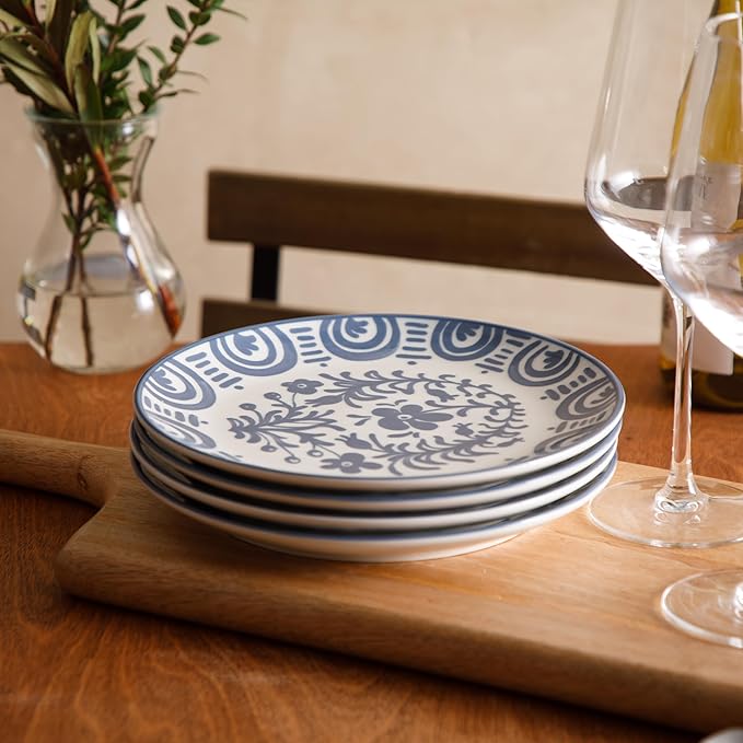 Bloomhouse - 2-Time Oprah’s Favorite Things - Valencia Flor 4 Piece Dessert &amp Salad Plate Set 8.75” Stoneware Plates Mediterranean Floral Decal Design Microwave &amp Dishwasher Safe Iris Blue