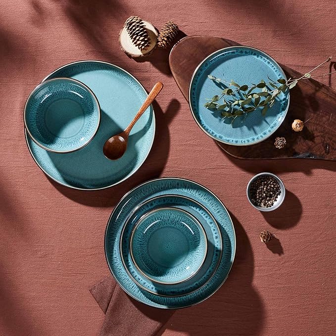 LIANYU Ceramic Dinnerware Sets for 4 12 Piece Porcelain Stoneware Plates and Bowls Scratch Resistant Round Kitchen Dishes Set Dishwasher and Microwave Safe Dinning Ware Set Pastel Turquoise