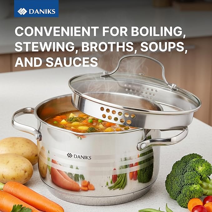 Daniks Tokio Stainless Steel Stock Pot 3 Quart with Glass Strainer Lid Induction Ready Dishwasher Safe Measuring Scale Silver