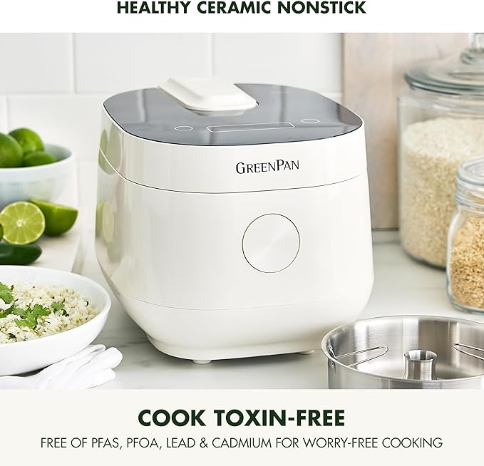 GreenPan Rice Cooker 8 Cups Cooked (4 Uncooked) Low-Carb &amp Soup Mode10 ONE-TOUCH Cooking Presets PFAS-Free Ceramic Steamer Basket Fuzzy Logic Auto Keep Warm Oats 24HR Delay Timer Cream
