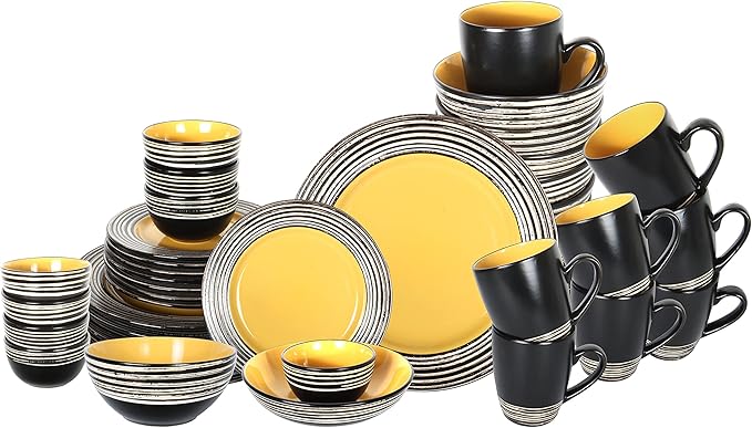 48 Piece Dinnerware Set Ceramic Plates and Bowls Sets for 8 Microwave and Dishwasher Safe Handcrafted Tree Bark Series Dish Set Sunflower/Yellow
