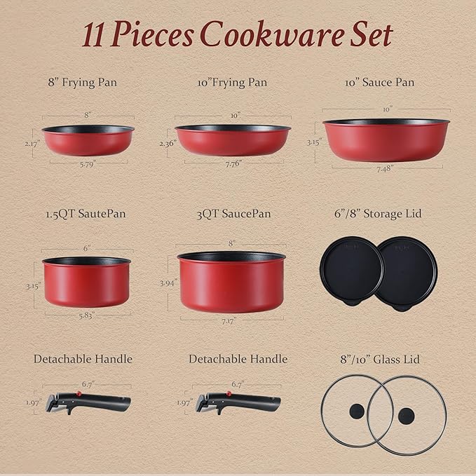 CAROTE Pots and Pans Set Non Stick Cookware Sets Oven/Fridge Safe Space Saving Pots Set 11pcs Kitchen Set Nonstick Set with Versatile Removable/Detachable Handle Induction RV Set Red and Black