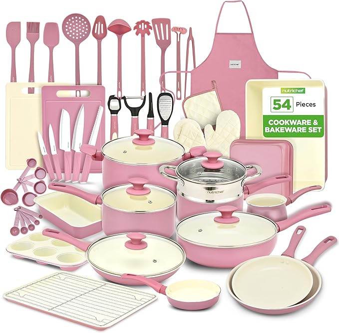 NutriChef 54-Piece Kitchen Cookware Set – Complete Non-Stick Ceramic Pots and Pans Set with Utensils Bakeware and Knife Set Gas Electric &amp Induction Compatible Blush Pink Kitchen Essentials