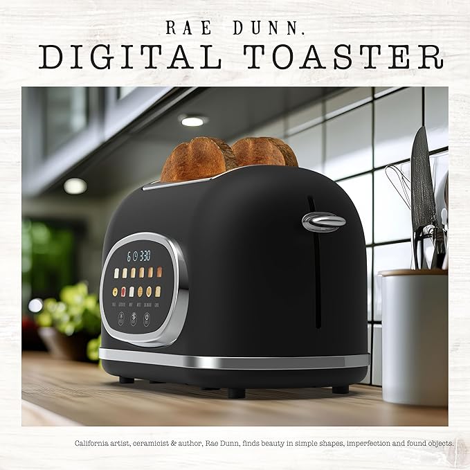 Rae Dunn Retro Digital Electric Toaster 2 Slice Stainless Steel Toaster With Touchscreen Countdown Timer 6 Shade Settings Wide Slots High Lift Lever Bagel Defrost &amp Reheat Digital Black
