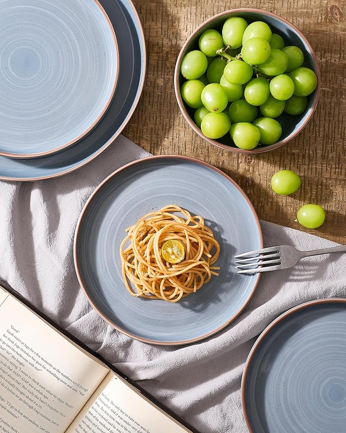 Famiware Meteor Plates and Bowls Sets for 4 12 Pieces Dinnerware Sets Microwave and Dishwasher Safe Dishes Set Blue Gray