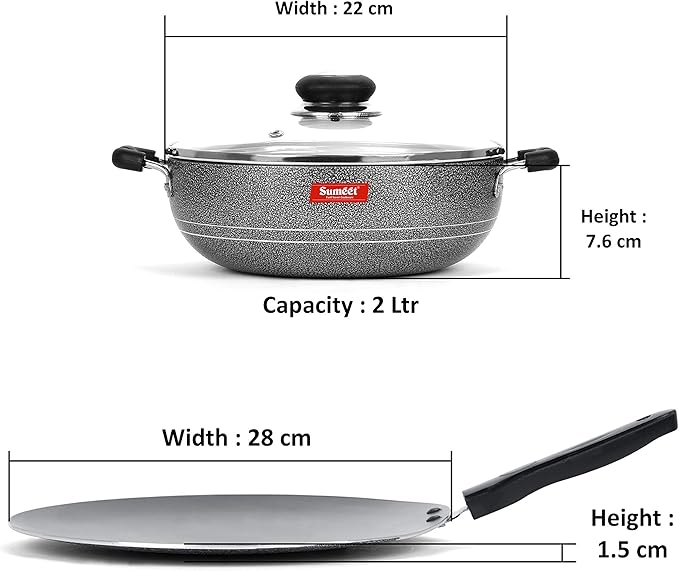 SUMEET Aluminium NonStick Air Head Cookware Set (Silver Kadhai with Glass Lid -2Ltr - 22Cm Diameter Conceive/Roti Tawa - 28Cm Dia)