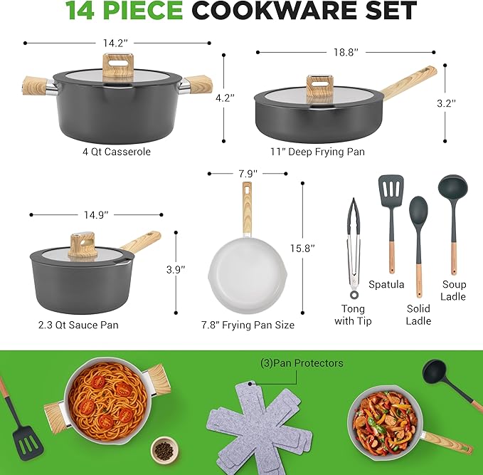 NutriChef Ceramic Cookware Set with Cooking Utensils 14-Piece Nonstick Cookware Set with Glass Lids Compatible with All Cooktops Heat-Resistant Handles and Stylish Finish (Black)