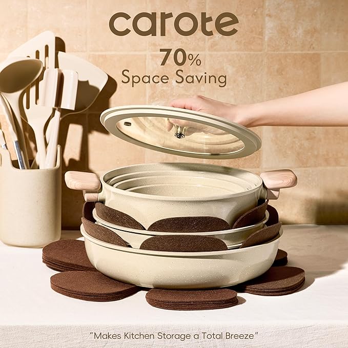 CAROTE 25PCS Ceramic Cookware Set Pots and Pans set Non Stick RV Kitchen Cooking Set Removable Handles Oven Safe Induction Cookware Non-toxic Kitchen Cooking Set PFAS and PFOA Free