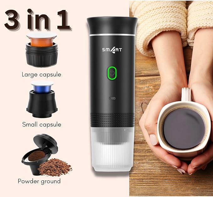 Sm4rt Battery Operated Coffee Maker 3 in 1 Portable Coffee Maker 12v Coffee Maker for Car Cafetera Portable USB Espresso Travel Espresso Maker NS Capsule Dolce Gusto Ground Powder (White)