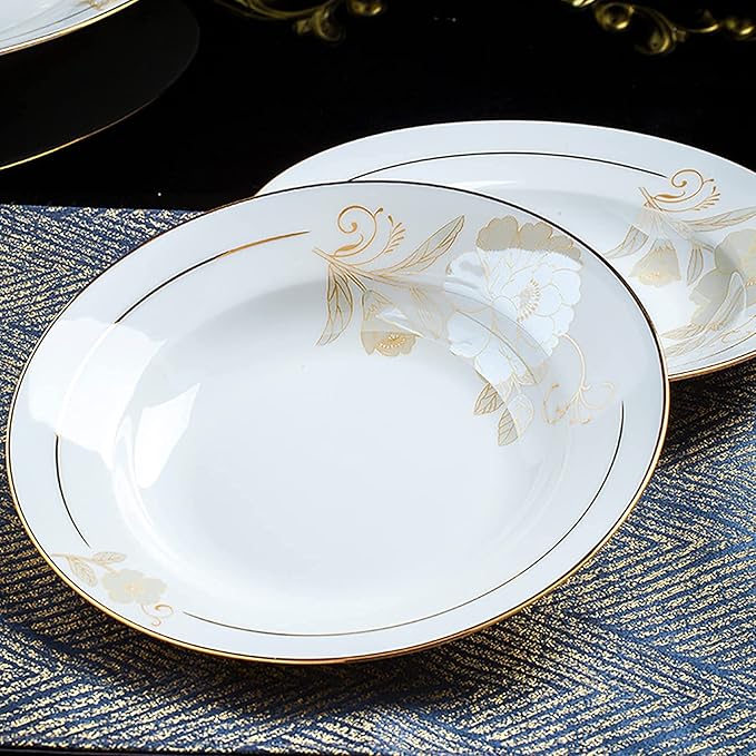 70 Pieces Dinnerware Set for 10White Porcelain Kitchen Bone China Dinner Combi-Set with Cereal Bowls Dessert Plates Dishes and Soup Plates Dinner Plates and Soup Pot with Gold Ri
