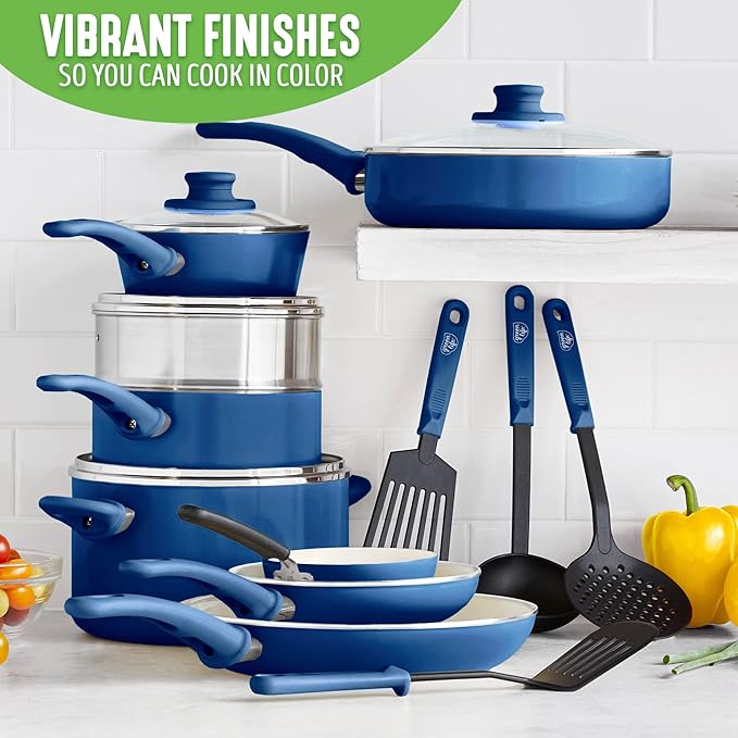 GreenLife Soft Grip Healthy Ceramic Nonstick 16 Piece Cookware Pots and Pans Set Blue &amp Soft Grip Healthy Ceramic Nonstick 7 and 10 Frying Pan Skillet Set PFAS-Free Dishwasher Safe Blue