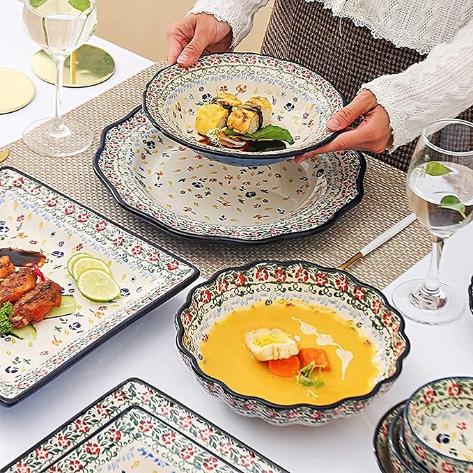 Dinnerware Sets - Luxury Gift Dishes Service Set Ceramics Dinnerware Set Bohemian Style Porcelain Dinner Sets of 34 | Folk-Custom Cereal Bowl and Steak Plate Set for Wedding Gift(A)