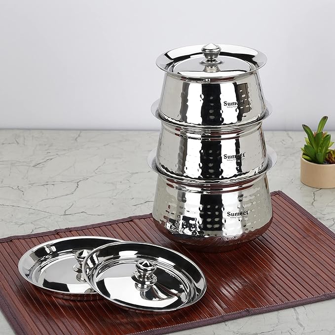 Sumeet Stainless Steel Handcrafted Hammered Texture Handi Set with Lid for Kitchen Set of 3 650ml 950ml &amp 1300ml Silver