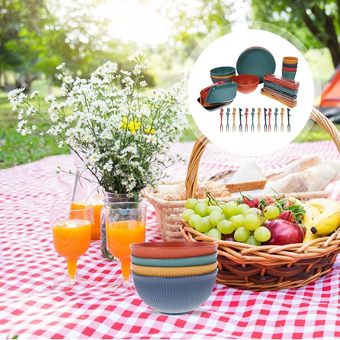 Wheat Straw Dinnerware Set with Plates Bowls Cups and Cutlery Lightweight Portable Tableware Kit for Home Dining and Outdoor Camping Picnic Use Random Color