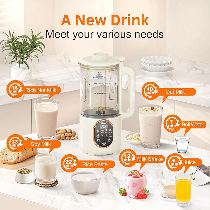 Beyn 10-in-1 Automatic Nut Milk Maker Machine 60oz Large Capacity with 𝟒𝟖 𝐓𝐢𝐭𝐚𝐧𝐢𝐮𝐦 Blades &amp Self-Cleaning. for Homemade Almond Soy Oat Milk Milkshake - Delay Start &amp Keep Warm Fu