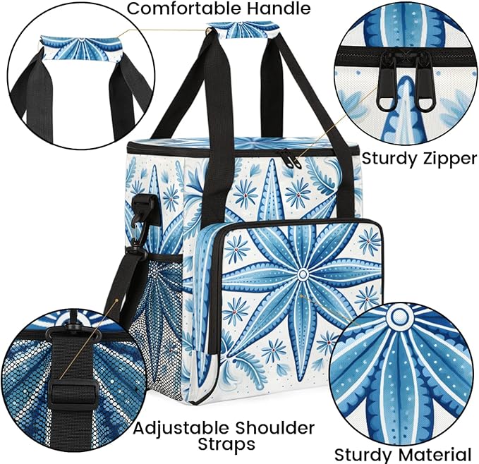 Blue Flowers Style Coffee Maker Travel Bag for Keurig K-Mini/K-Mini Plus Insulated Waterproof Tote with Pockets for K-Cup Portable Single-Serve Brewer Case