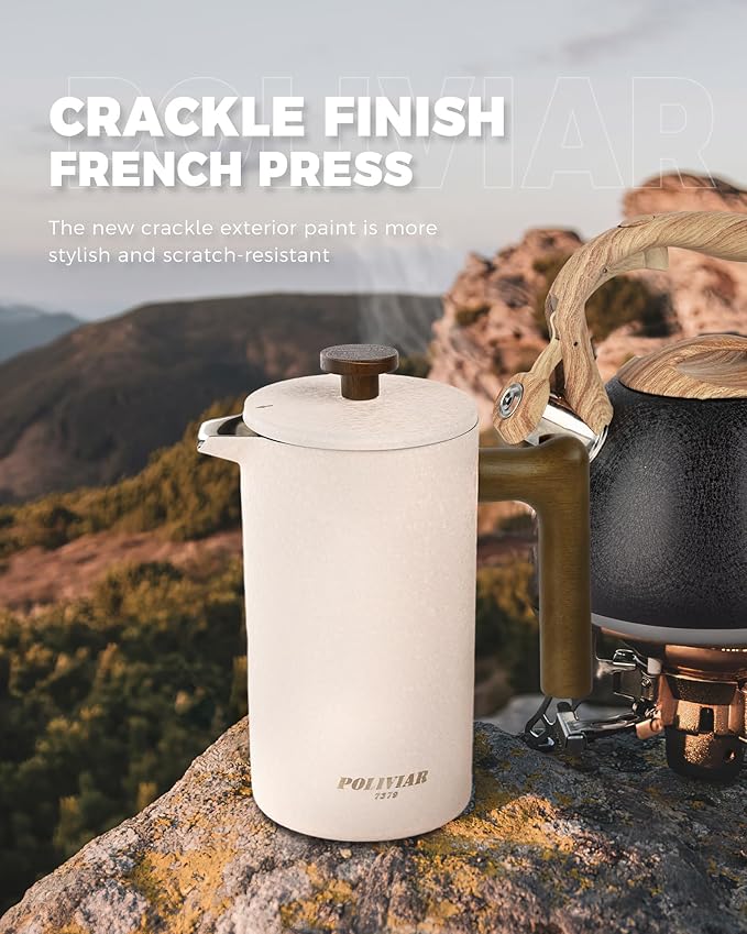 POLIVIAR French Press Coffee Maker 34 Ounce Coffee Press with Real Wood Handle Double Wall Insulation &amp Dual-Filter Screen Food Grade Stainless Steel for Good Coffee and Tea JX2023-FPLM