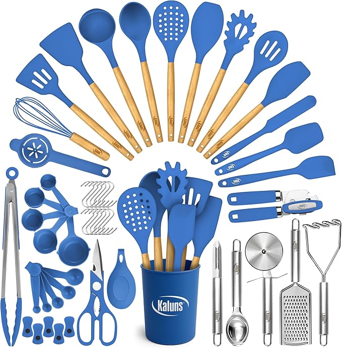 Kaluns 50 PCS Silicone Kitchen Utensils Set Complete Kitchen Set - 800°F Heat Resistant Non-Stick Premium Cooking Utensils W Wooden Handles - Can Opener Masher Turner Silicone Spatula Set