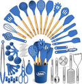 Kaluns 50 PCS Silicone Kitchen Utensils Set Complete Kitchen Set - 800°F Heat Resistant Non-Stick Premium Cooking Utensils W Wooden Handles - Can Opener Masher Turner Silicone Spatula Set