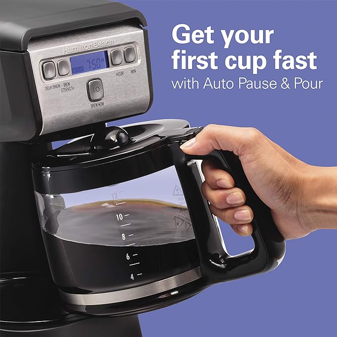 Hamiton Beach 12 Cup Compact Programmable Drip Coffee Maker with No-Drip Burosilicate Glass Carafe 2-Hour Auto Shutoff Space-Saving Design Black with Stainless Steel Accents (46200)