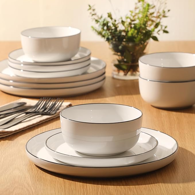 Gibson Home Oslo 12-Piece Porcelain Dinnerware Set – Dinner Plates Salad Plates &amp Bowls Classic White With Black Rim Everyday Dish Set for Home Kitchen Microwave &amp Dishwasher Safe