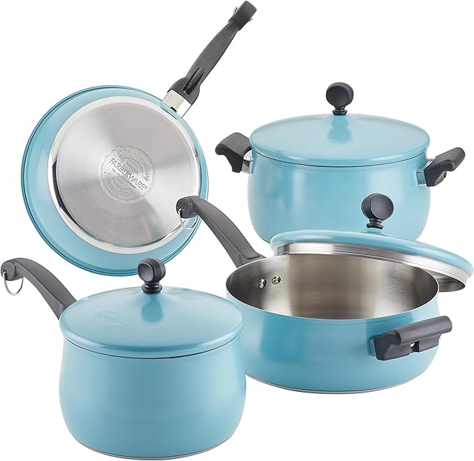 Farberware 120 Limited Edition Stainless Steel Cookware Pots and Pans Set with Prestige Kitchen Tools 10 Piece Aqua Blue