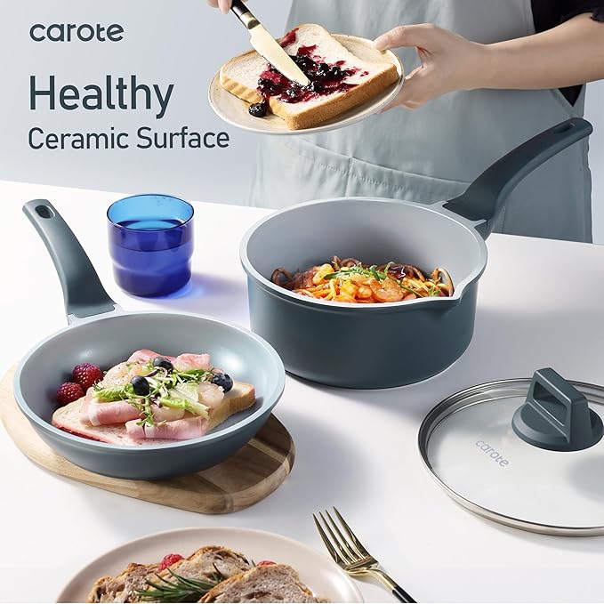 CAROTE 14 Pcs Ceramic Cookware Set Pots and Pans Set Non Stick with Ceramic Coating Induction Kitchen Sets