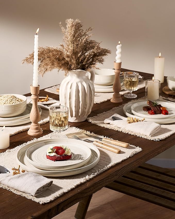 Stoneware Dinnerware Set Highly Chip and Scratch Resistant Everyday Plates and Bowls for 8 (24pcs) Reactive Glaze Speckled Ceramic Flared Dishes with Gift Box Microwave Dishwasher Safe Shell Beige