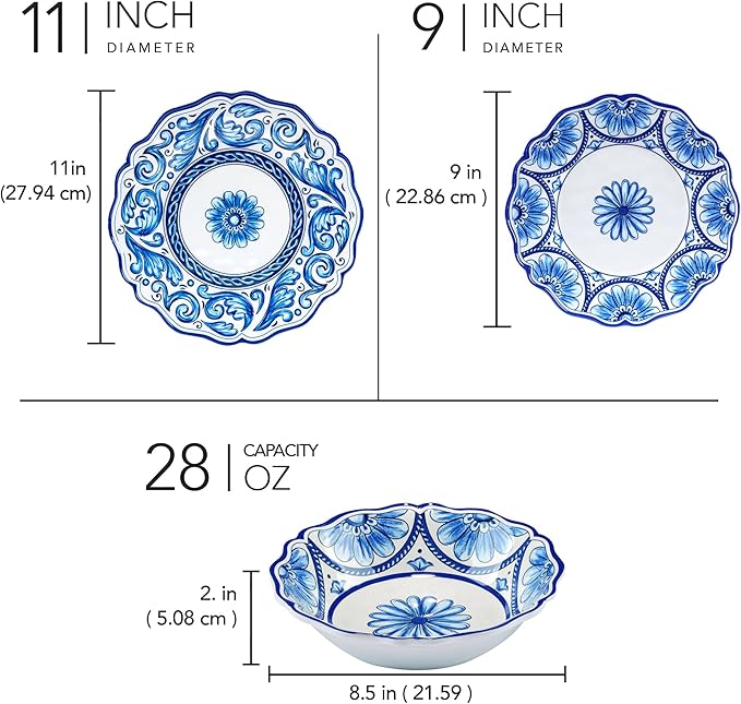 Veranda Melamine 12-Piece Dinnerware Set Service for 4 – Includes Dinner Plates Salad Plates and Bowls – Elegant Blue and White for Everyday Use Indoor/Outdoor Dining and Entertaining