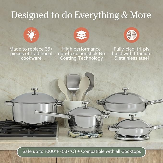 Our Place Titanium Pro Cookware Set | 10-Piece Pots and Pans Set with Always Pan Pro Perfect Pot Pro &amp Minis | Non-Toxic No-Coating Nonstick | Induction &amp Oven-Safe up to 1000°F | Chrome