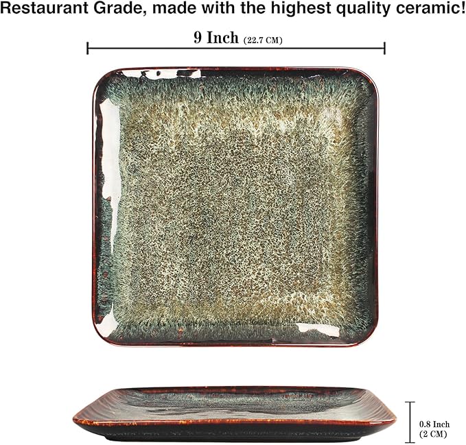 Ceramic Dinner Plates Dish Set Set of 4 Microwave Oven and Dishwasher Safe Scratch Resistant Dinnerware Kitchen Porcelain Serving Dishes 9 inch Square plate