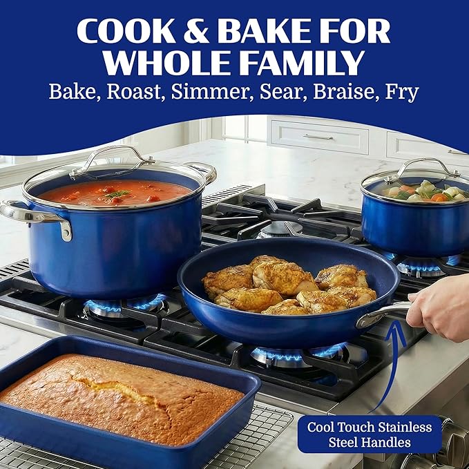 Granitestone Ceraluxe 20 Pc Ceramic Cookware Set Nonstick Complete Pots and Pans Set Non Stick with 5 Pc Bakeware Set Deep Frying Pan Set &amp Steamer Non Toxic PFOA Free Oven &amp Dishwasher S