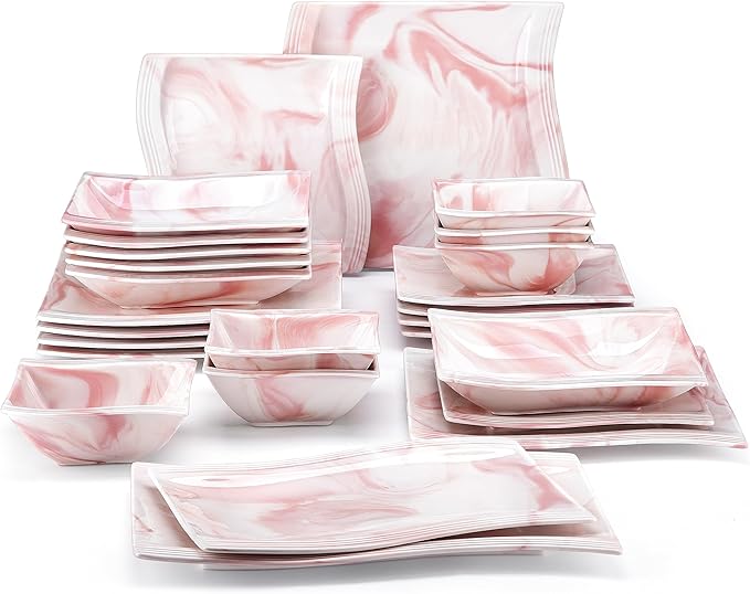 MALACASA Plates and Bowls Sets 26 Pieces Pink Dinnerware Sets for 6 Porcelain Dinnerware Set with Dinner Plates and Bowls Serving Platters Square Dishware Sets Modern Dish Set Series Flora