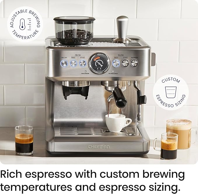 Chefman Crema Supreme 15 Bar Espresso Machine with Milk Frother Barista Steam Wand Professional Coffee Maker with Coffee Grinder 30 Grind Settings 3L Removable Water Tank - Stainless Steel