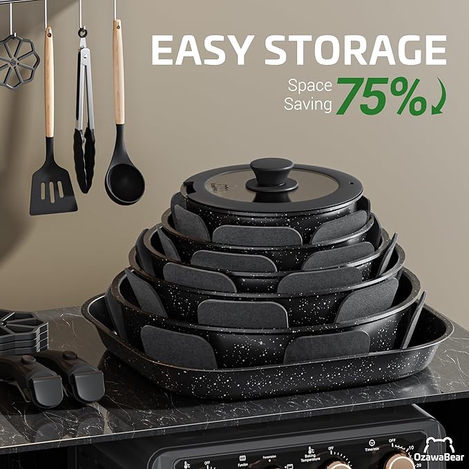 26 Pcs Pots and Pans Set Non Stick Ceramic Cookware Set Non Toxic with Detachable Handles Healthy Induction Cookware Oven Safe RV Kitchen Set PFAS PFOA &amp PTFE Free Black