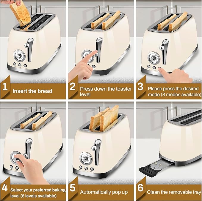 SUSTEAS Toaster 4 Slice Wide Slot Stainless Steel Bread Bagel Toasters Retro Long Slot Tostadora for Defrost Reheat Removable Crumb Tray 1500W 6 Browning Settings Beige