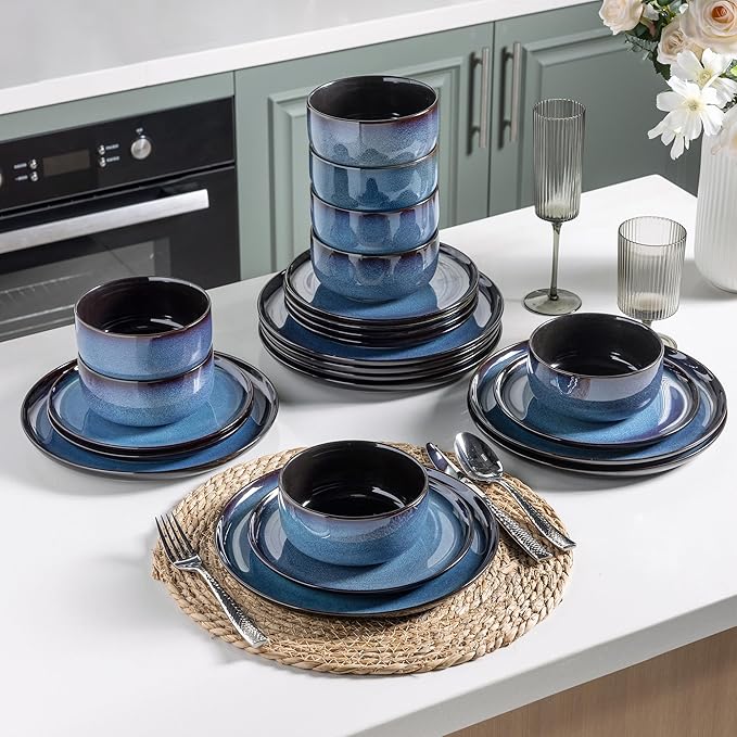 LeRatio Ceramic Dinnerware Sets for 4Porcelain Plates and Bowls SetsHandmade Reactive Glaze Dishes SetChip Resistant and Scratch Resistant | Oven&ampDishwasher &amp Microwave SafeService for 4-B