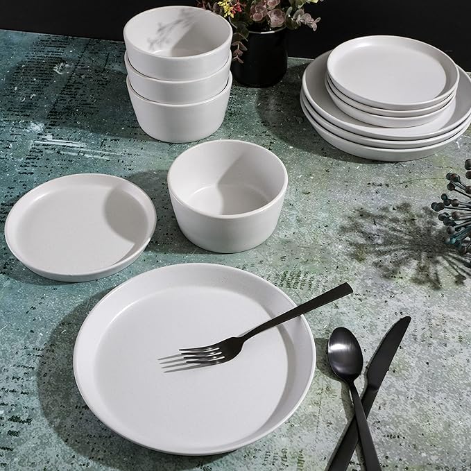 Gibson Soho Lounge Sofia Coupe Stoneware Dinnerware Set Service for 4 (12pcs) White w/Speckle