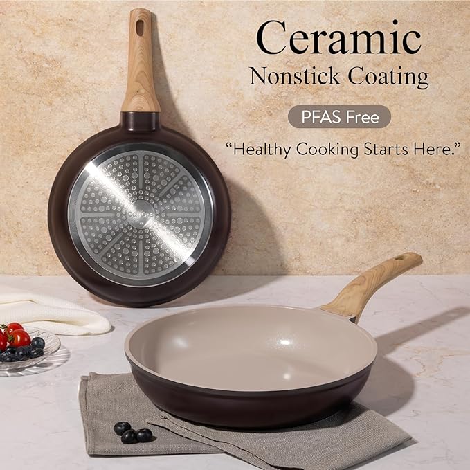 CAROTE 21 PCS Ceramic Cookware Set Pots and Pans Set Non Stick Pot and Pan Set with Frying Pan Induction Ready Cooking Set for Kitchen PFOS/PFOA/PFAS Free Brown