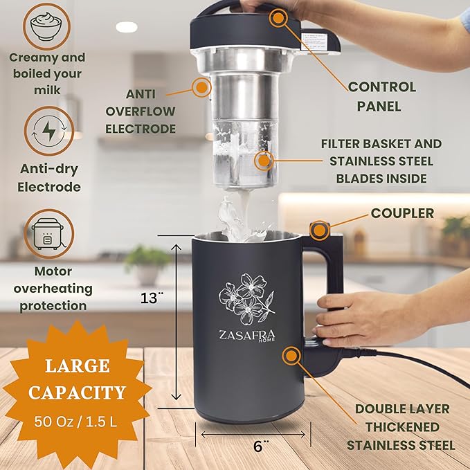 Nut Milk Maker Machine 50oz/1.5L Stainless Steel (Built-In StrainerNo Mesh Bags) 8-IN-1 Cooking Blender 6-7 Cups Per Batch Oat Almondmilk Maker &amp Soymilk Maker Creamy Plant-Based Milks &amp