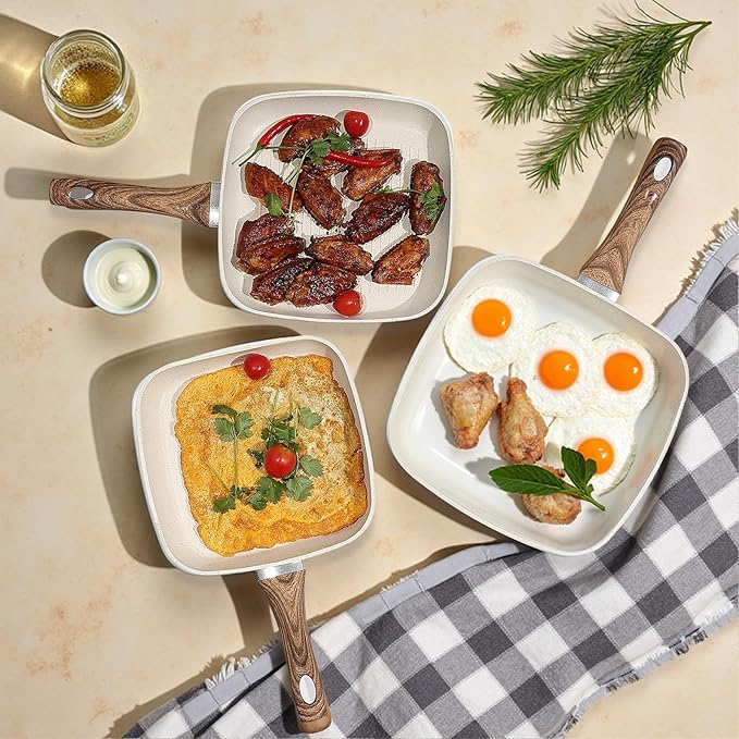 Sweetcrispy Nonstick Grill Pans Set 3 Piece Square Frying Pan Skillet Set with Stay Cool Handle &amp PFOA Free Compatible with All Stovetops (9.5 10 11) Beige