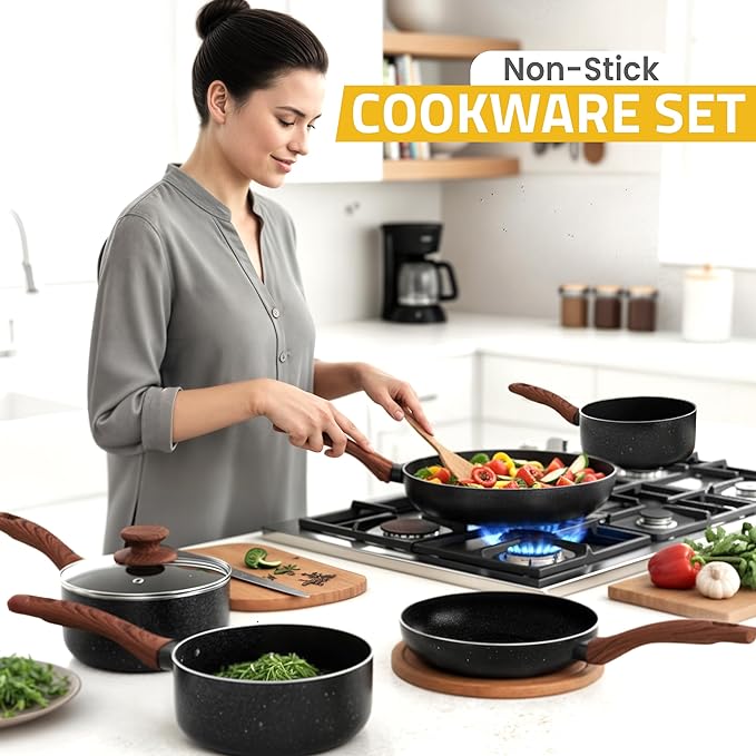 KICHLY Granite Kitchen Cookware Set 8 Piece Nonstick Pots &amp Pans Set Induction Frying Pans Saucepan with Lids Induction Compatible Cookware PFOA-Free Non-Stick Cooking Set Black