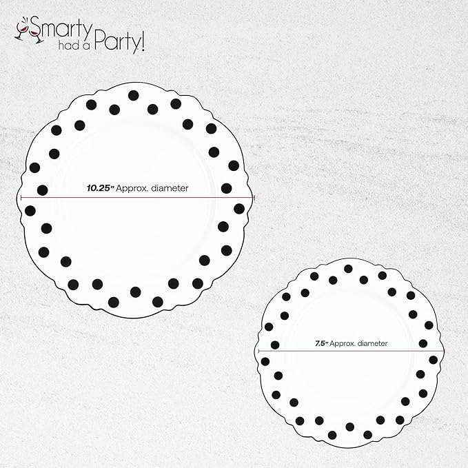 Smarty Had A Party Disposable Dinnerware Set 240 Pcs White with Black Dots Design 120 Dinner and 120 Salad Plates Heavy Duty Tableware for Weddings and Parties