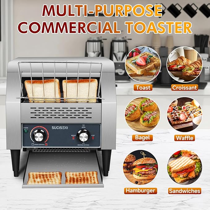 Commercial Toaster 300 Slices/Hour Industrial Conveyor Toaster 1900W Stainless Steel Restaurant Toasters for Croissants Toast Bun Bagel Bread