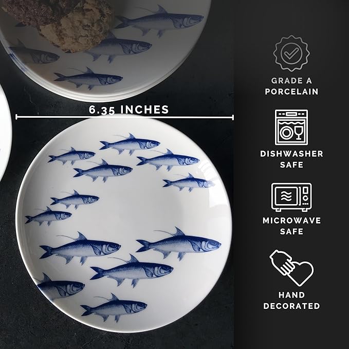 Caskata School of Fish Appetizer Plates Set of 4 | High-Design Lead-Free Porcelain Dinnerware Dessert Plates Set | Blue Dinnerware Set for Entertaining Everyday Wedding or Birthday Gifts | 6.35 in