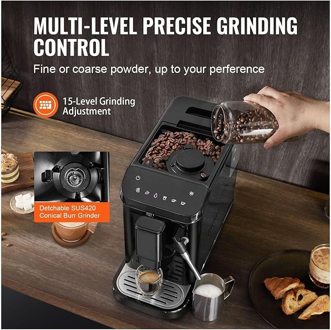 Espresso Machine 20 Bar with Grinder &amp Frother 15 Grind Settings Automatic Coffee Maker for Espresso Cappuccino Latte