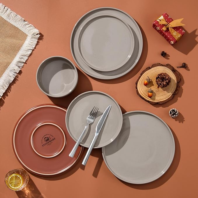 LIANYU 18 Piece Dinnerware Sets for 6 Modern Style Stoneware Dinnerware Set Scratch Resistant Dishwasher Safe Bowl and Plate Sets Ceramic Dish Dinner Set Terra Brown