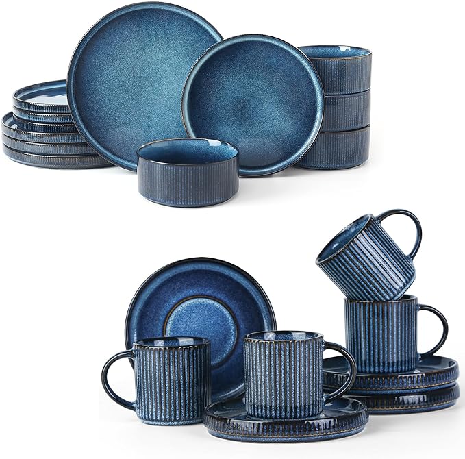 Famiware Star Dinnerware Set and Coffee Mugs Set Service for 4 (16 Pieces) - Stoneware Dinnerware Dishes Nebulas Blue