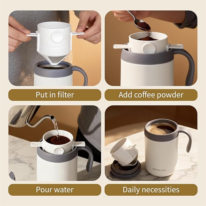 Pour Over Coffee Maker Set 16oz Stainless Steel Insulated Mug Foldable Filter for Camping Travel Office (White)