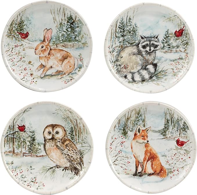 Winter’s Walk 16-Piece Ceramic Dinnerware Set Service for 4 – Bring woodland charm to your table with foxes owls and deer in a serene snowy forest design perfect for cozy winter gatherings